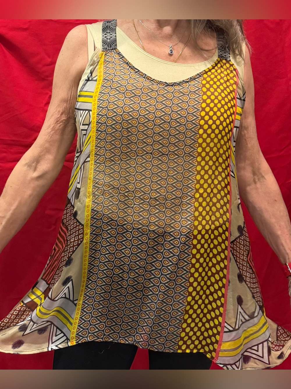 Language Multicolor Patterned Tank Top with Yellow and Tan Accents